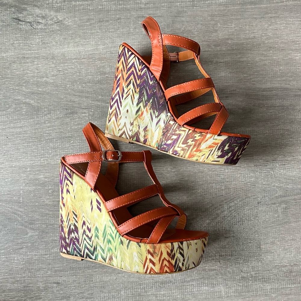 Y2K DLG Boho Zig-Zag Platform Wedge Sandals Multicolour